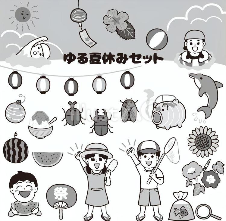 モノクロのゆる夏休みセット 夏,夏休み,セットのイラスト素材