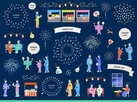 花火とお祭り・人物イラスト素材 夏休み,花火,夏,人物,お祭り,祭り,花火大会,浴衣,屋台,提灯のイラスト素材