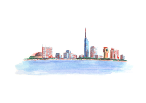 福岡市 百道の海辺の風景の水彩画イラスト