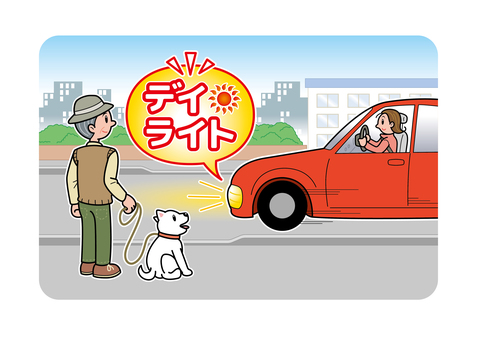 デイライト（中間走行）で事故防止 車,自転車,人物,女性,運転手,ドライバー,男性,老人,高齢者,犬のイラスト素材