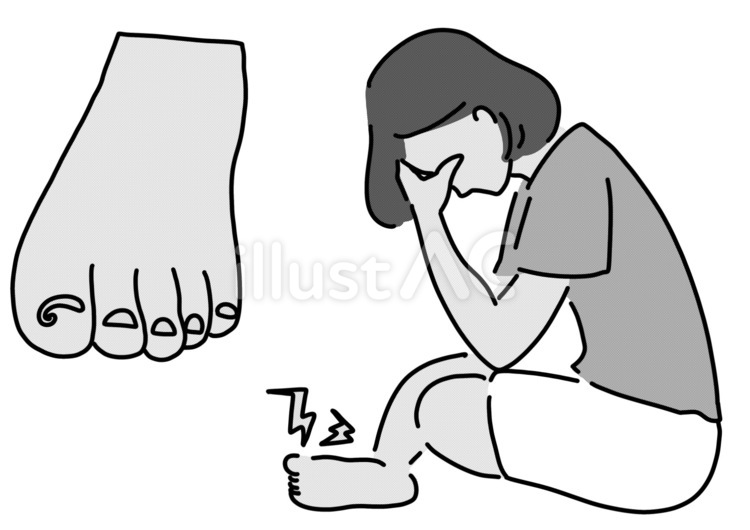 巻き爪に苦しむ女性全身　白黒 女性,巻き爪,苦痛のイラスト素材
