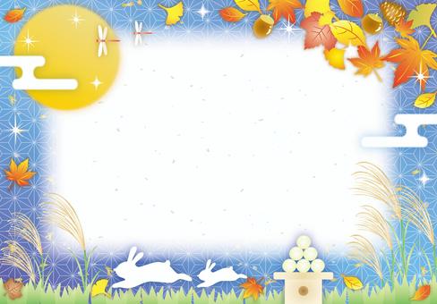 お月見の紅葉と草原カード 秋,お月見,すすき,うさぎ,月,和,紅葉,キラキラ,かわいい,フレームのイラスト素材