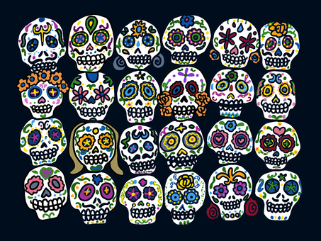 カラベラがいっぱい死者の日ダーク カラベラ,ガイコツ,死者,メキシコ,アミーゴ,祭り,花飾り,にぎやか,表情のイラスト素材