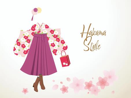 袴スタイル_01 袴,女性,卒業式,袴姿,和服,卒業,髪飾り,バッグ,ブーツ,コーディネートのイラスト素材