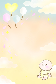 朝焼けの空と風船を見上げる赤ちゃん 雲,空,風船,赤ちゃん,かわいい,グラデーション,朝焼け,パステル,フレーム,背景のイラスト素材