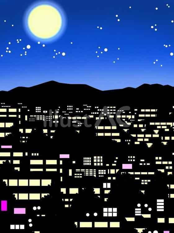 満月の夜 夜景,満月,町並みのイラスト素材
