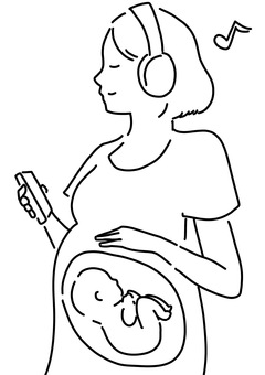 音楽を聴く妊婦　線画 音楽,リラックス,妊婦,女性,胎児,赤ちゃん,ヘッドホン,線画のイラスト素材