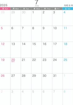 シンプル_2026_07_縦_日始 シンプル_2026_07_縦_日始 カレンダー,2026,7月,july,令和8年,日曜日始め,おしゃれ,かわいい,冬,記念日なしのイラスト素材