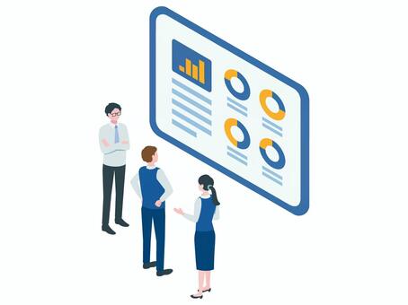 大型ダッシュボードを見る会社員 アイソメトリック,立体,アイソメ,斜め上,データ,分析,チャート,画面,ビジネス,レポートのイラスト素材