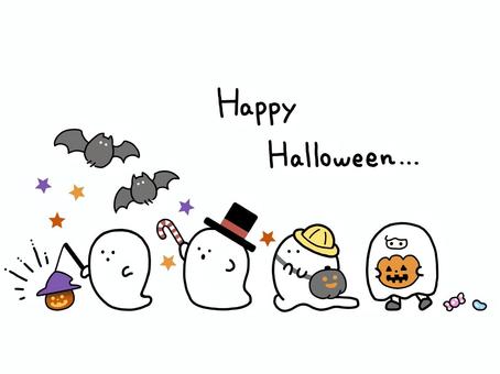 ハロウィン　おばけの行列（白） ハロウィン,ハッピーハロウィン,おばけ,幽霊,こうもり,子供,秋,１０月,ランタン,お菓子のイラスト素材