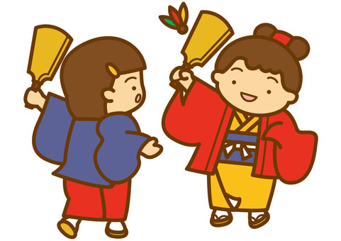 羽根つき-4c 羽根つき,正月,遊び,羽子板,羽根,着物,羽織,草履,足袋,帯のイラスト素材