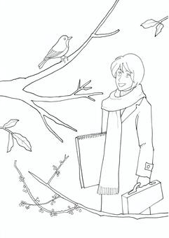 冬の森で…の塗り絵 塗り絵,鳥,青年,マフラー,スケッチブック,コート,冬,12月,1月,2月のイラスト素材