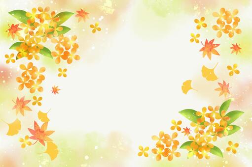 金木犀と秋のフレーム背景｜紅葉と銀杏01 金木犀,キンモクセイ,紅葉,もみじ,銀杏,イチョウ,秋,フレーム,水彩,にじみのイラスト素材
