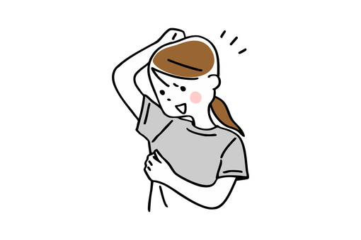 脇の汗染みが解消して喜ぶ女性＿グレーT 脇,汗,シミ,夏,多汗症,汗っかき,悩み,気になる,解消,喜ぶのイラスト素材