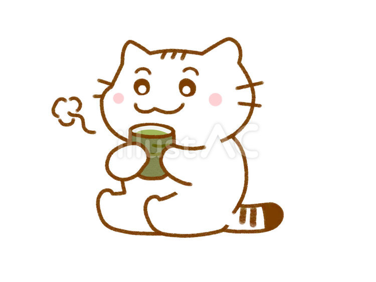 お茶を飲む2　白猫 猫,ねこ,白猫のイラスト素材