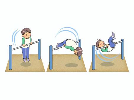 鉄棒の前回りをする子ども。3段階図 鉄棒,回転,子ども,男の子,楽しい,わんぱく,元気,まわる,くるくる,笑顔のイラスト素材
