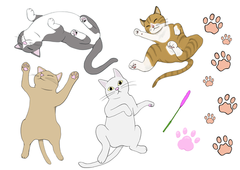 ごろんねこセット2 猫,ネコ,ねこ,白猫,茶トラ,茶色,白グレー,肉球,ピンク,へそ天のイラスト素材