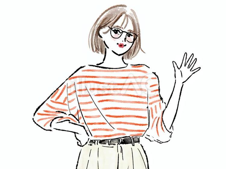 手を振るメガネのボブのおしゃれな女性 女性,めがね,ボブのイラスト素材