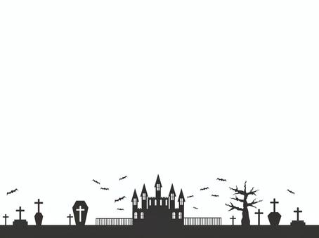 ハロウィンの怪しい館の背景素材　1 ハロウィン,秋,フレーム,10月,ハロウィーン,城,手描き,コウモリ,シンプル,かわいいのイラスト素材