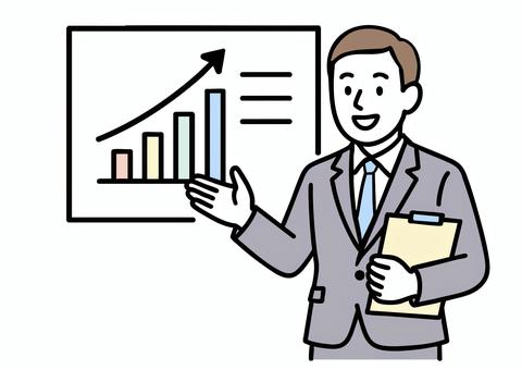 プレゼンテーションをす男性ビジネスマン 男性,働く,プレゼン,ホワイトボード,グラフ,プロジェクター,人物,ビジネス,プレゼンテーション,スーツのイラスト素材