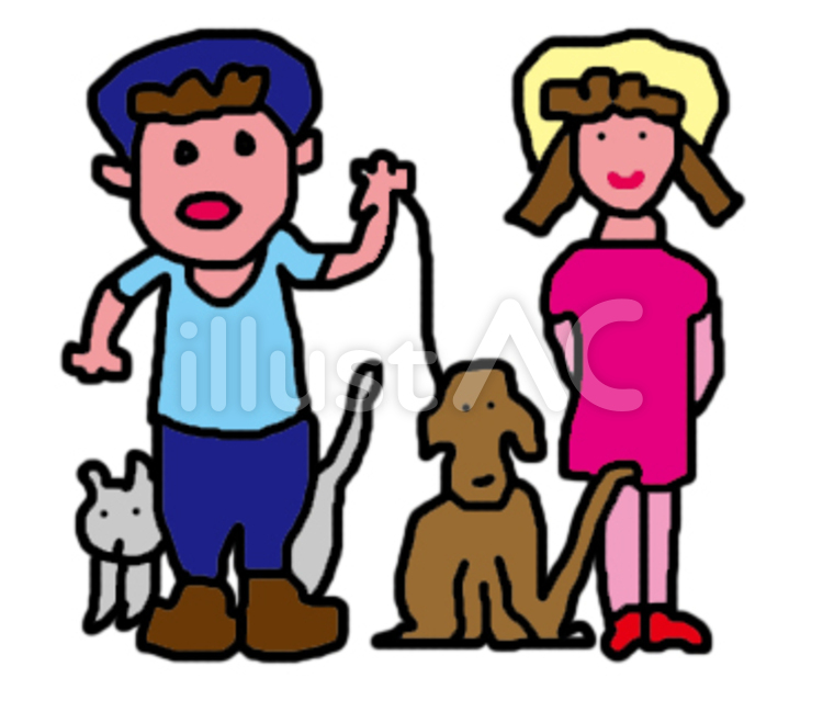 男女人物と犬と猫 カップル,散歩,女のイラスト素材