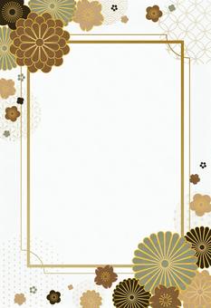 和の花柄の年賀状 縦書き 緑,茶色,ベージュ,花柄,新年,謹賀新年,菊,梅,桜,鹿の子のイラスト素材