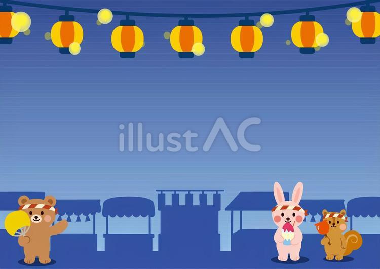 提灯と動物の夏祭りフレーム_背景あり 夏祭り,背景,フレームのイラスト素材