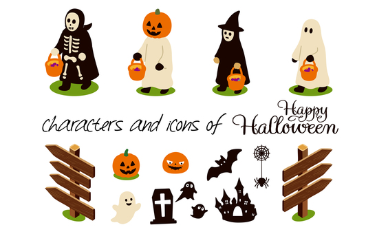 ハロウィンのイラストアイコンのセット ハロウィンのイラストアイコンのセット ハロウィン,オバケ,コウモリ,お城,お墓,かぼちゃ,蜘蛛の巣,10月,秋,イベントのイラスト素材