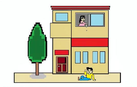 二階から目薬 ことわざ,ドット絵,遠回り,ダジャレ,レトロのイラスト素材