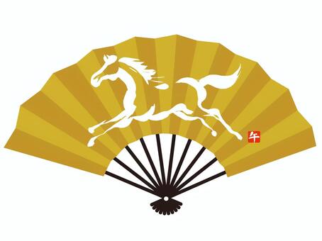 馬のシルエットと金の扇　A 午,午年,シルエット,馬,扇,年賀状,2026,２０２６年,和風,和のイラスト素材