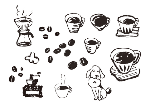 コーヒー墨絵2 コーヒー,珈琲,カフェ,墨絵,豆,coffee,カップ,ドリップ式,ポット,湯気のイラスト素材