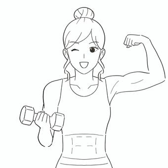 ダンベルで鍛える女性 白黒イラスト 女性,ダンベル,筋肉,筋トレ,鍛える,力こぶ,隆々,腹筋,シックスパック,力のイラスト素材