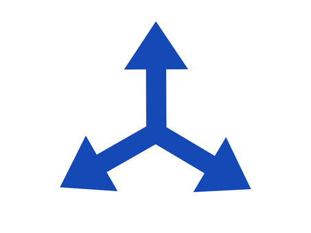 外向きに3方向を向く矢印3本（青） 矢印,十字,三方,斜め,三叉路,分岐,岐路,分岐点,枝道,横道のイラスト素材