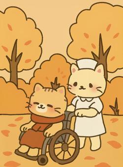 車椅子で紅葉狩り 秋,紅葉,紅葉狩り,木,自然,落ち葉,ナース,看護師,車椅子,介護のイラスト素材