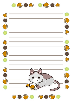 栗といがぐりと猫さんの秋便箋　A4 猫,便箋,栗,秋,かわいい,横書き,デフォルメのイラスト素材