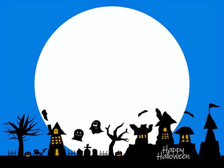 ハロウィンの街並みのフレーム（青） ハロウィン,街並み,こうもり,黒猫,ジャックオランタン,月,建物,シルエット,フレーム,墓地のイラスト素材