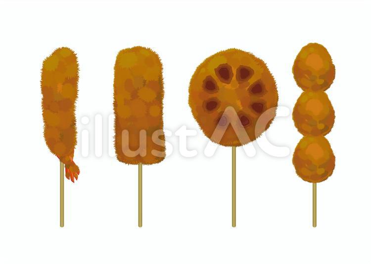 ソース付き串カツのイラストセット 串カツ,揚げ物,串揚げのイラスト素材