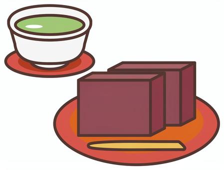 Tea and yokan, shepherd, japanese confectionery, snack, JPG and PNG