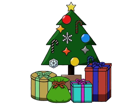クリスマスツリーとプレゼントの山 クリスマスツリー,プレゼント,クリスマス,モミの木,モミ,木,植物,オーナメント,球体,星のイラスト素材