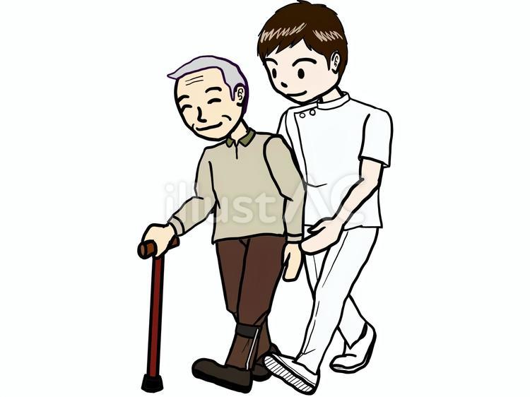 おじいさんの歩行介助をする男性セラピスト セラピスト,男性,歩行のイラスト素材