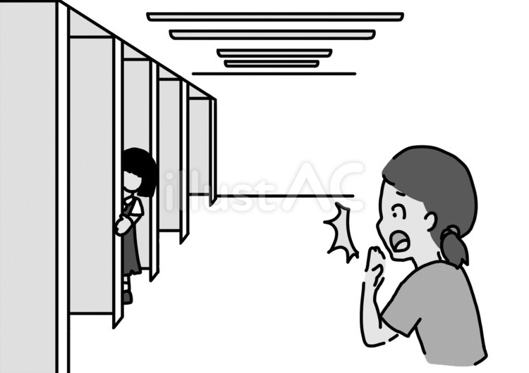 トイレからこちらを覗く花子さん　白黒 トイレの花子さん,女児,ビックリのイラスト素材