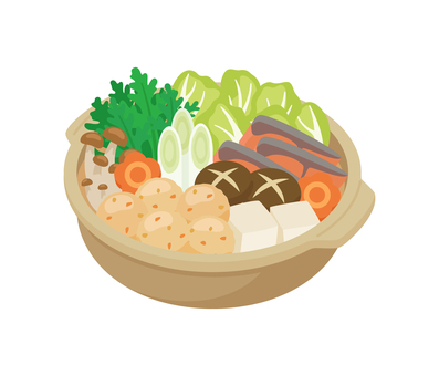 鍋,フラットイラスト お鍋,ネギ,きのこ,白菜,春菊,鮭,豆腐,肉団子,ちゃんこ鍋,しいたけのイラスト素材