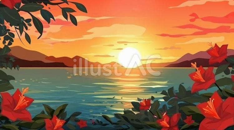 夕焼けとハイビスカス 風景,美しい,綺麗のイラスト素材