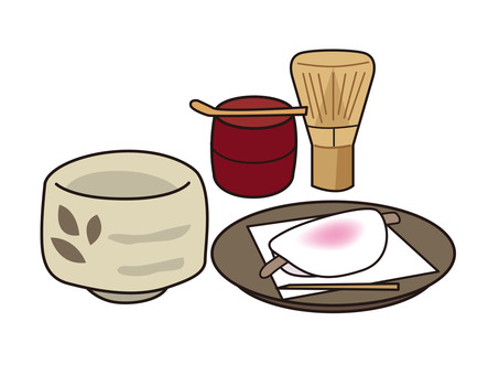 茶道　花びら餅 茶道,花びら餅,和菓子,抹茶,茶碗,茶せん,茶杓のイラスト素材