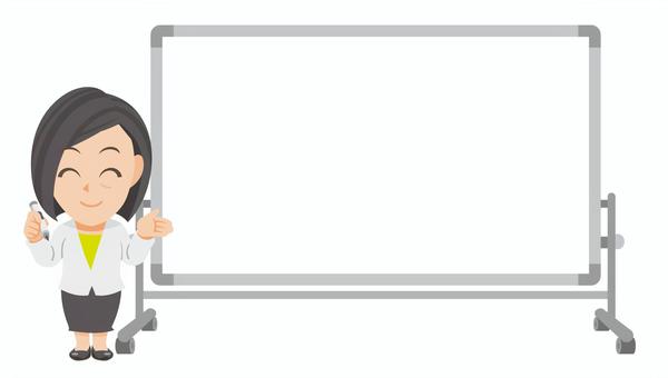 白板傍でペンと手で促す年配ビジネス女性② 先生,教師,教員,指導員,スーツ,仕事着,ビジネス,会社,社会人,促すのイラスト素材