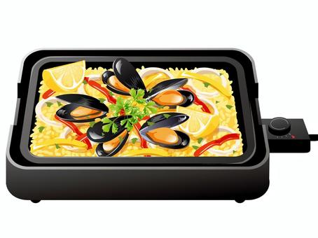 ムール貝のパエリア（ホットプレート） パエリア,洋食,スペイン,料理,食べ物,ご飯,米,ムール貝,イカ,パプリカのイラスト素材