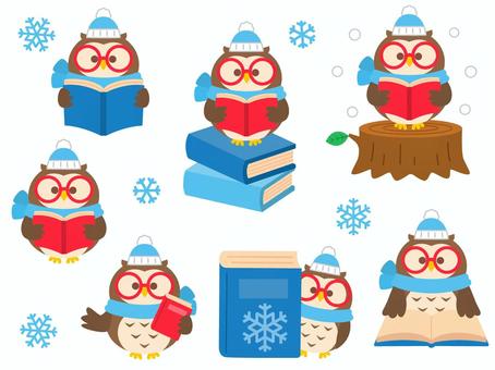 本とマフラーフクロウ（主線なし） 本,フクロウ,読書,切り株,図書,読む,アイコン,イラスト,キャラクター,冬のイラスト素材