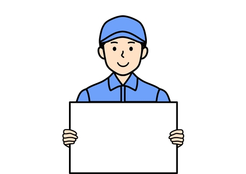 テロップと帽子・作業服の工場作業員の男性 テロップ,パネル,看板,メッセージボード,作業員,ボード,フレーム,枠,帽子,作業服のイラスト素材