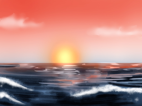 海と夕焼けのイラスト 海,夕焼け,背景,壁紙,風景,手描き,きれい,イラストのイラスト素材