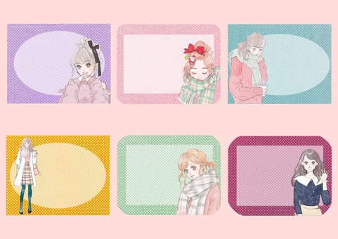 ガーリーな冬の女の子カード風セット 女性,女の子,きれい,可愛い,大人女子,大人可愛い,ガーリー,カード,ドット,メッセージカードのイラスト素材